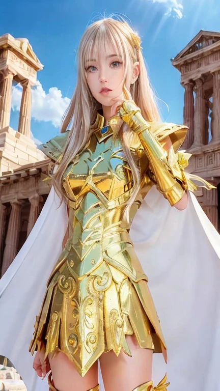 Woman in golden costume posing in front of building, angelic Golden armor, light golden armor, Gorgeous role-playing, Knight of the zodiac girl, portrait Knight of the zodiac girl, Golden armor, golden armor, wearing golden armor, Wearing light armor, golden goddess athena, anime goddess, Sailor Galaxy. fair, Stunning Armor, fair armor, wearing Golden armor