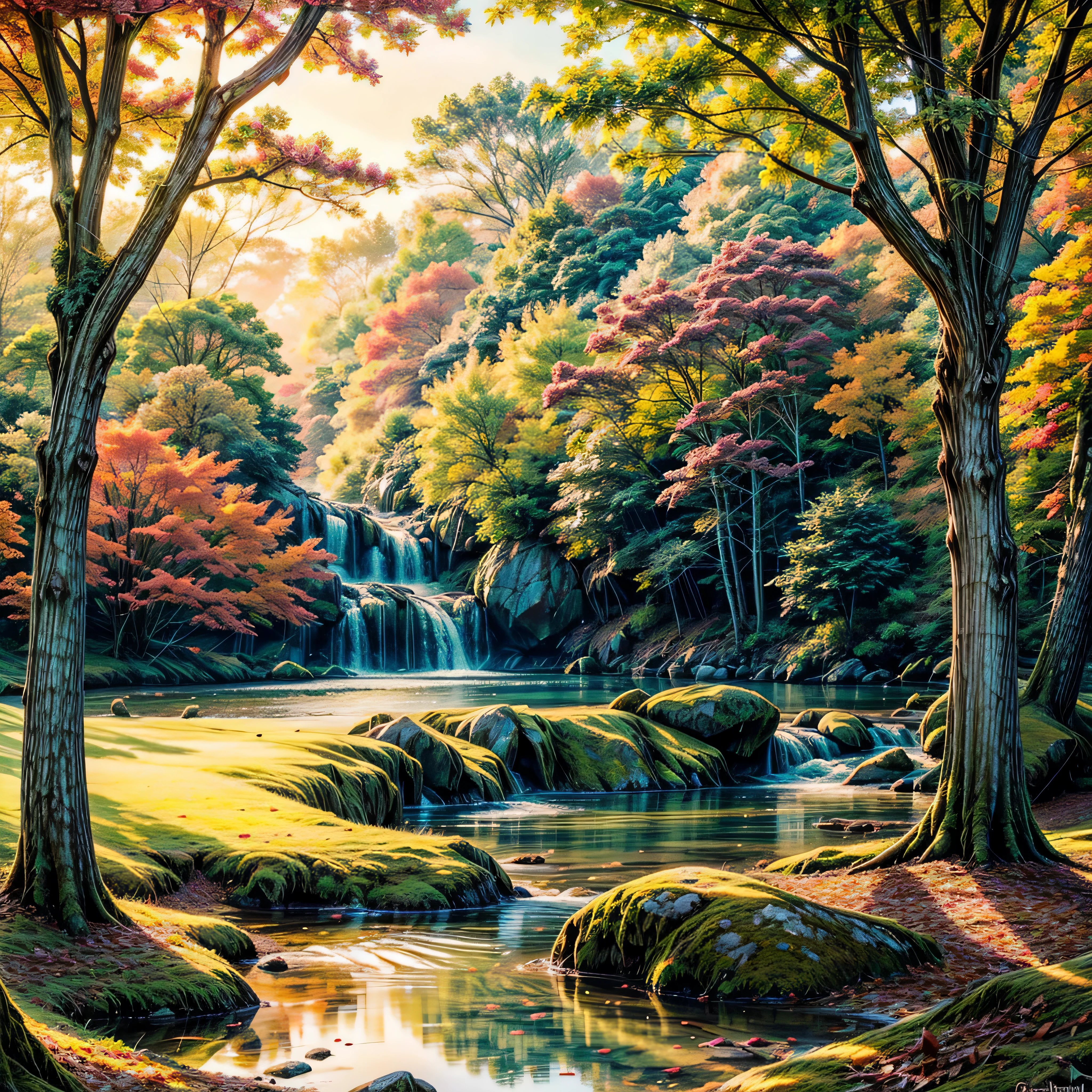 autumn leaves, gentle breeze, golden sunlight, rustling trees, serene atmosphere, vibrant colors, crisp air, falling leaves, tranquil setting, picturesque scenery, dreamy ambiance, mesmerizing beauty, nature's artwork, peaceful retreat, enchanting landscape, quiet solitude, immersive experience, visual feast, breathtaking view, ethereal charm, soothing vibes, stunning masterpiece.