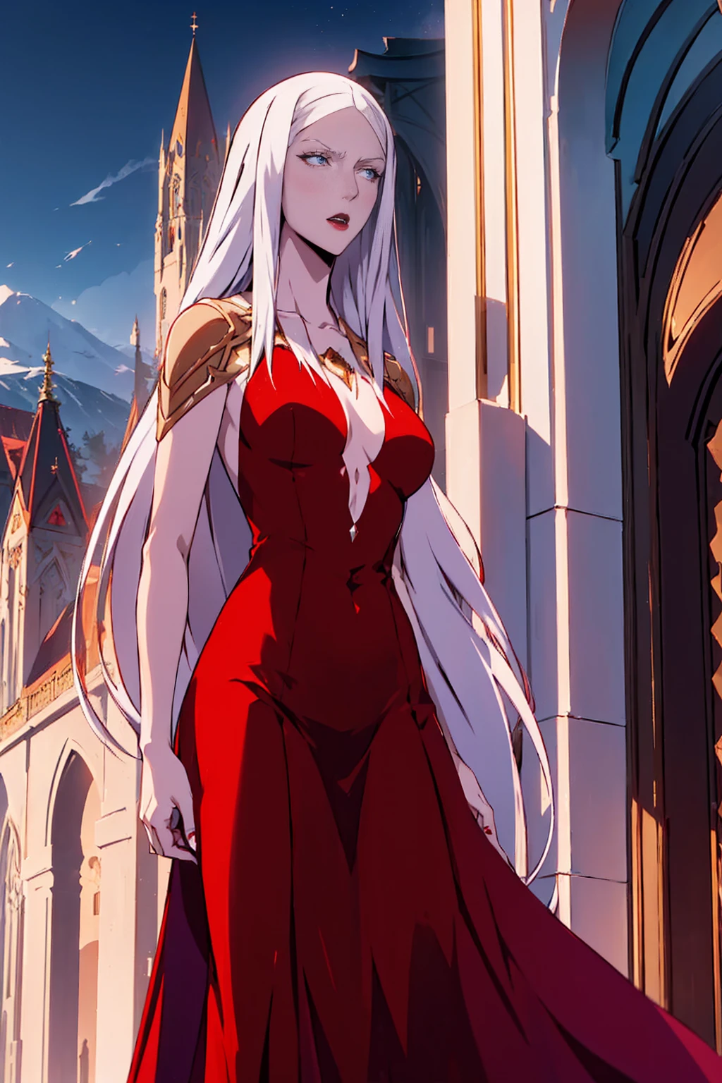 (Absurd, high quality, ultra -compared, careful with the hand) Carmilla,outside, high quality,4k, red long dress, upper body, looking at view