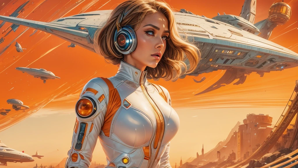 arafed image of a white woman in a futuristic suit with a spaceship in the background, movie art, in front of an orange background, inspired by Robert McGinnis, female protagonist, megastructure in the background, portrait of an ai astronaut, astronauts, an astronaut, portrait of a astronaut skeletor, perfect android girl, detailed eyes, frank franzzeta and sakimichan