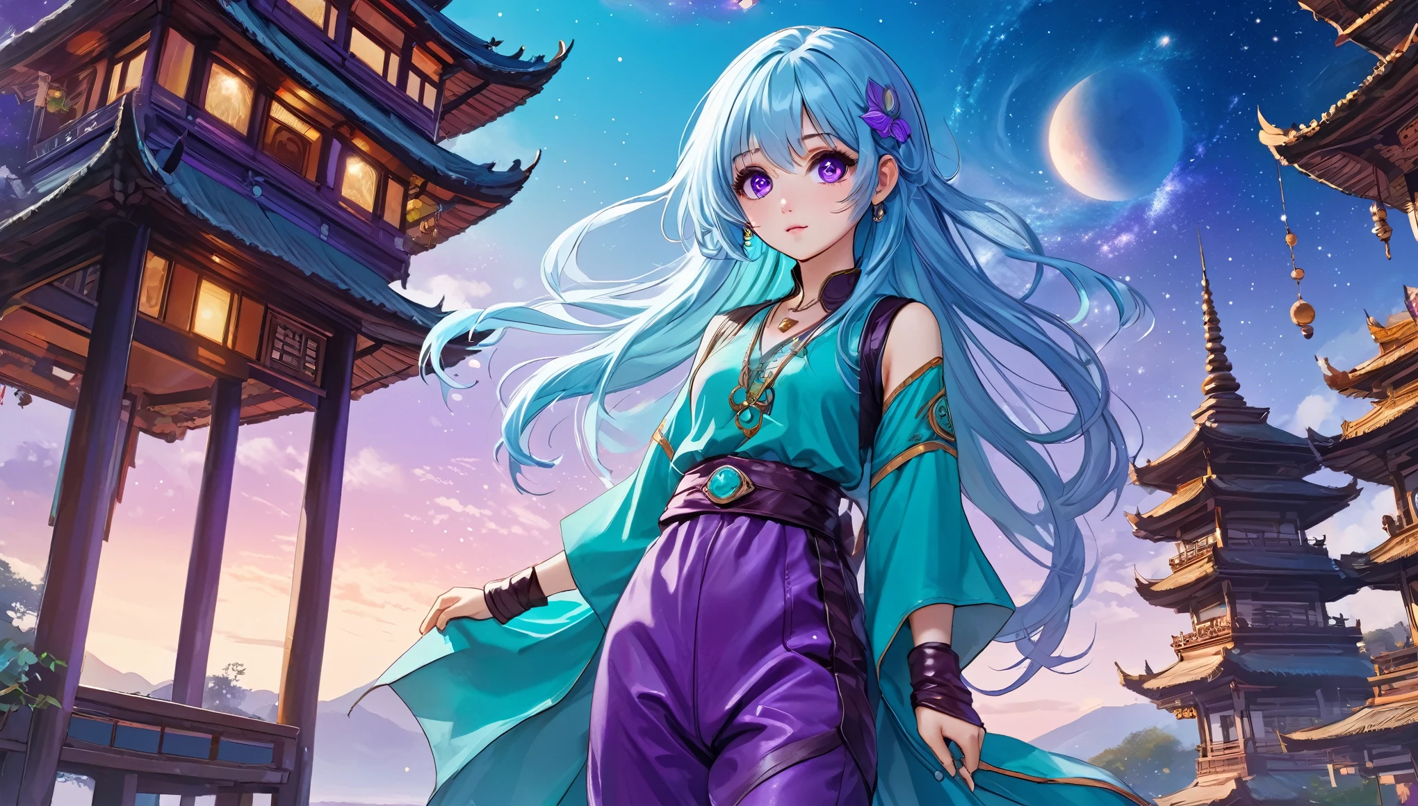Masterpiece. High-resolution. 1girl about 20 years old. Pretty beautiful girl. Pretty big purple eyes. Delicate face. Beautiful face. (((Long light blue hair))). Straight hair. Messy hair. Hair bangs. Turquoise tunic. Purple tide pants. Leather boots. Himalaias and pagode background with cosmic Sky.
