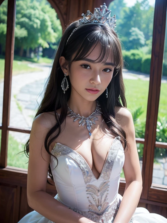 Highly detailed CG Unity 8k wallpaper, top quality, super detailed, masterpiece, realistic, photorealistic, very detailed cute girl, (25 years old), blush, round eyes, semi-body shot, white wedding dress, (curtsey), small breast