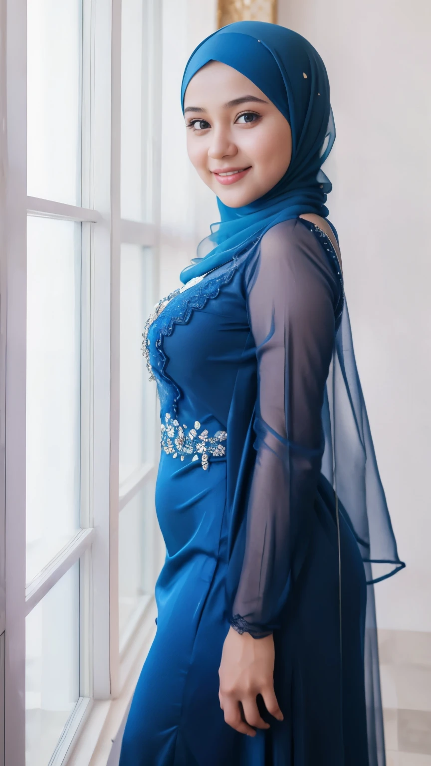 Beautiful, cute baby Face, ************ russian muslim girl, (wearing blue hijab), full hijab, sexy long sleeves kebaya dress, transparent dress, slightly Chubby , White Skin, Smiling, porn studio Background, day light,mid shot, full body, Perfect Potrait, Bokeh Effect, Look at Viewer, small breast, ((adorable:1.2)), ((masterpiece:1.1)), ((bokeh:1.2)), buttocks,(naughty seductive poses)