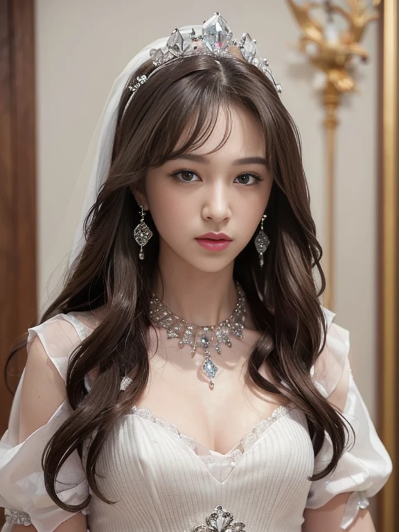 (masterpiece, best quality: 1.4), Detailed background, White crystal, crystal cluster,long hair,jewelry, earrings, necklace, crown, bride, small breasts