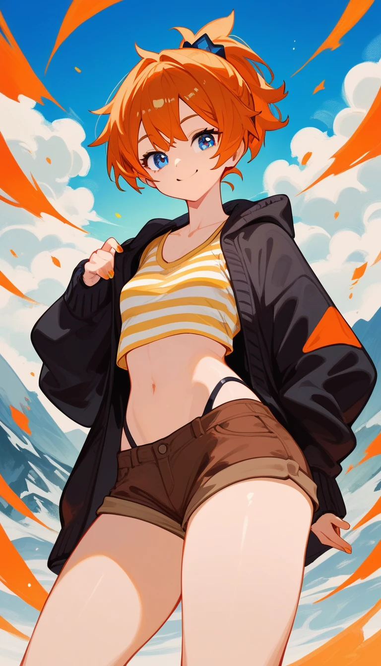 (score_9,score_8_up,score_7_up,score_6_up,score_5_up,score_4_up), masterpiece, best quality, expressive eyes, orange short hair, ponytail, blue eyes, smile, small breasts, big ass, wide hips, yellow shirt, brown shorts, black cardigan, striped highsocks, mountains