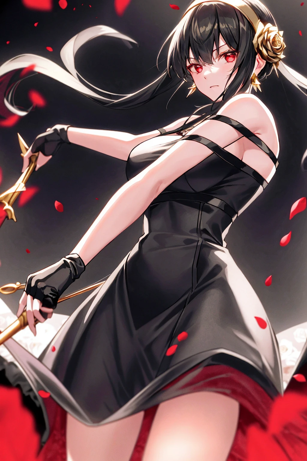 yor briar,
1girl, backlighting, bare shoulders, black background, black dress, black gloves, black hair, blood, blood on face, blood on weapon, breasts, closed mouth, cowboy shot, dress, earrings, expressionless, fingerless gloves, floating hair, floral print, flower, gloves, gold earrings, gold hairband, hair flower, hair ornament, hairband, holding, holding weapon, jewelry, large breasts, light particles, long hair, looking at viewer, off-shoulder dress, off shoulder, petals, red eyes, rose, rose petals, rose print, short hair with long locks, sidelocks, solo, spikes, thighs, two-sided dress, two-sided fabric, weapon
, ((masterpiece))
