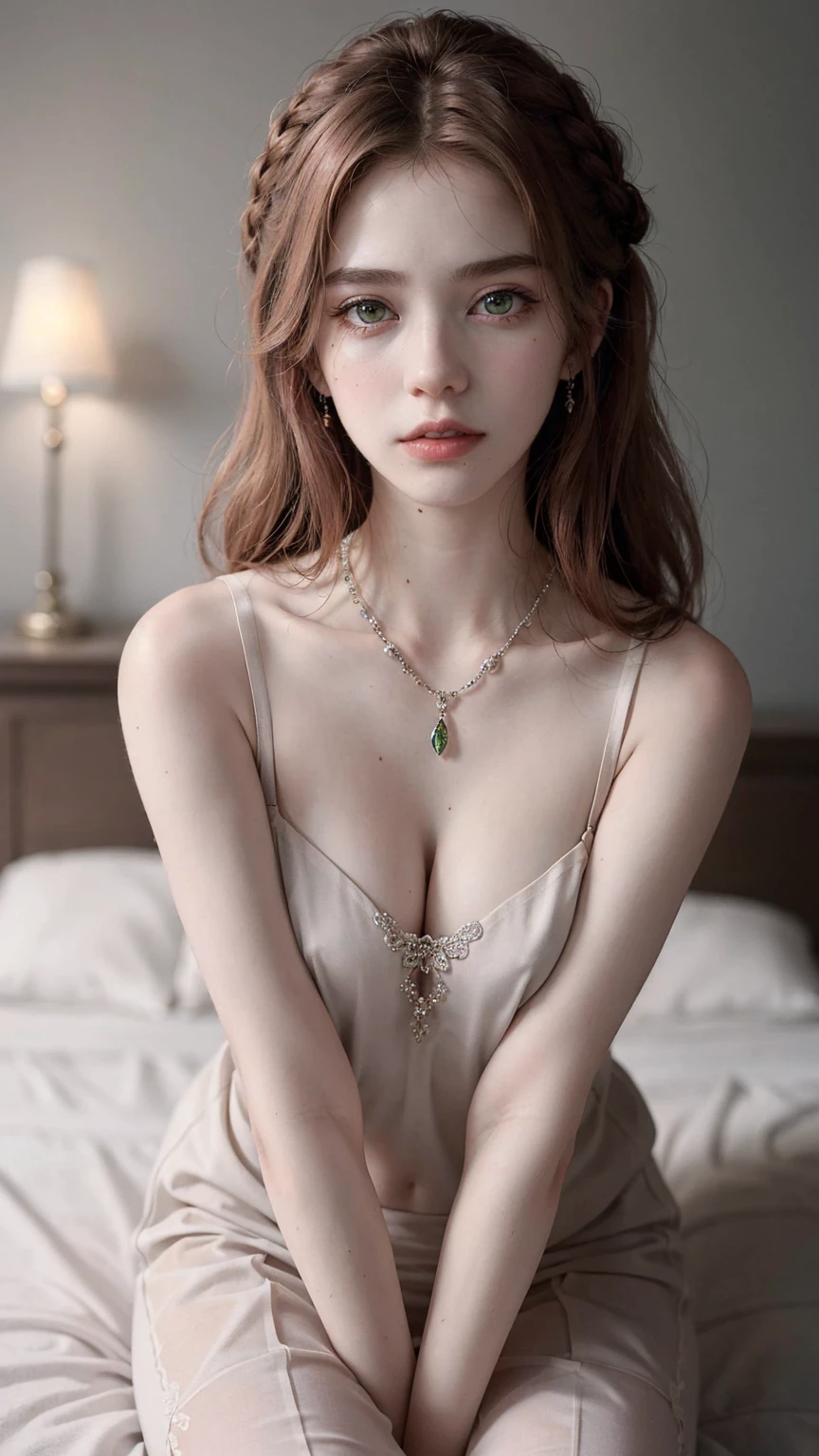 8k, RAW Photography, portrait, top-quality, ultra high resolution, Braid, piercings, Photorealistic, a adorable girl, full bodyesbian, red hair, Green eyes, a necklace, a smile, eye lashes, cinema lighting, depth of fields, lens-flare, camisole, masterpiece, extremely detailed eyes and face, bokeh, silky smooth skin, long beautiful hair, gray nit short dress, full body shot