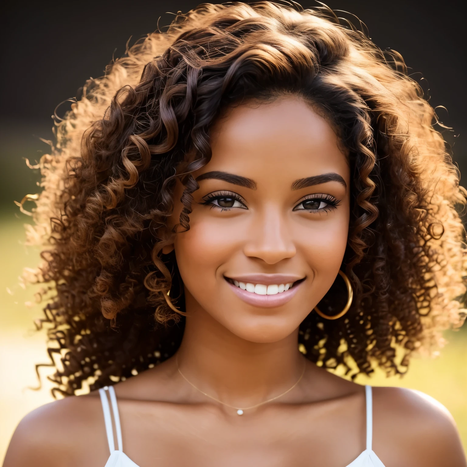 Belle femme latina souriante peau foncé influenceuse ultra réaliste en 8K lumière professionnelle cheveux noirs bouclés curly qui tombent sur les épaules elle a des magnifiques yeux marrons ultra réaliste ses cheveux sont aussi ultra réalistes il faut que ça soit une photo de portrait juste le visage type profil