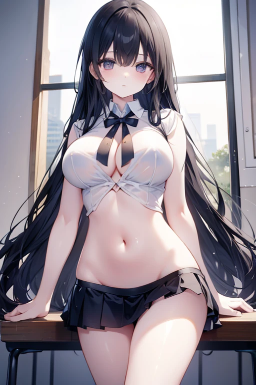 Italian girl, with very long black hair, 25 years old, hyper super gigantic breasts, thin, has wet breasts, wears a torn tight blouse that does not contain the breasts and a pleated black miniskirt, , inside a school classroom