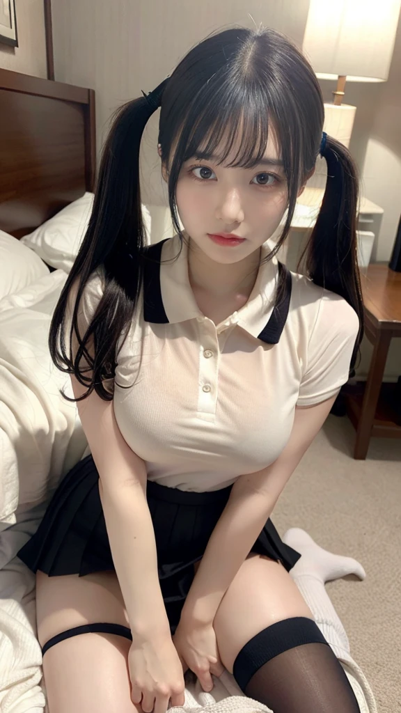 pieces fly, highest quality, figure, Super detailed, small details, High resolution, 8K,wallpaper, Perfect dynamic composition figure,(Detailed high quality, realistic depiction of eyes:1.3),  (collared polo shirt), pleated skirt, knee high socks, twintail, lying down, black hair color, big natural color lip, bold sexy pose, (perfect body shape), crying a little、cold gaze, harajuku style、20 year old girl、cute type、lolita、beautiful feet, hotel room, Gravure idol pose, plump thighs
