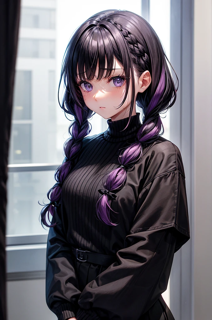i'm french. I usually wear two braided pigtails, one on each side of my head, carefully braided and tied with black ribbons or other matching accessories. My straight fringe covers my forehead, cut sharply to enhance my serious and mysterious appearance. As for colors, I'm often seen with black hair, though sometimes I may go for darker shades or purple highlights. But it's not just my hairstyle that makes me memorable, it's also my attitude. I'm calm, sarcastic, and have a fondness for darkness, traits that reflect in my hair style. I have fair skin, I'm wearing a black and white checkered sweater. i'm wearing a black pants, i'm 5,1, my pupils are black, My eyes are slightly widened. i'm 9 years old
