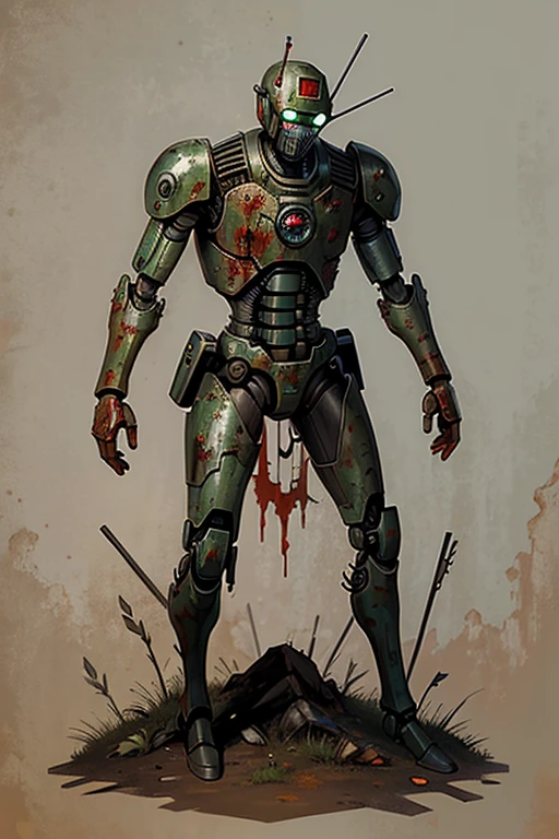 robot, military, Soviet, automaton, zombie, infected robot, fungus, solo, simple background, infected, sickly, rust, rusty, rust on body, rusty body, fungus infection, bloody, corroded, 