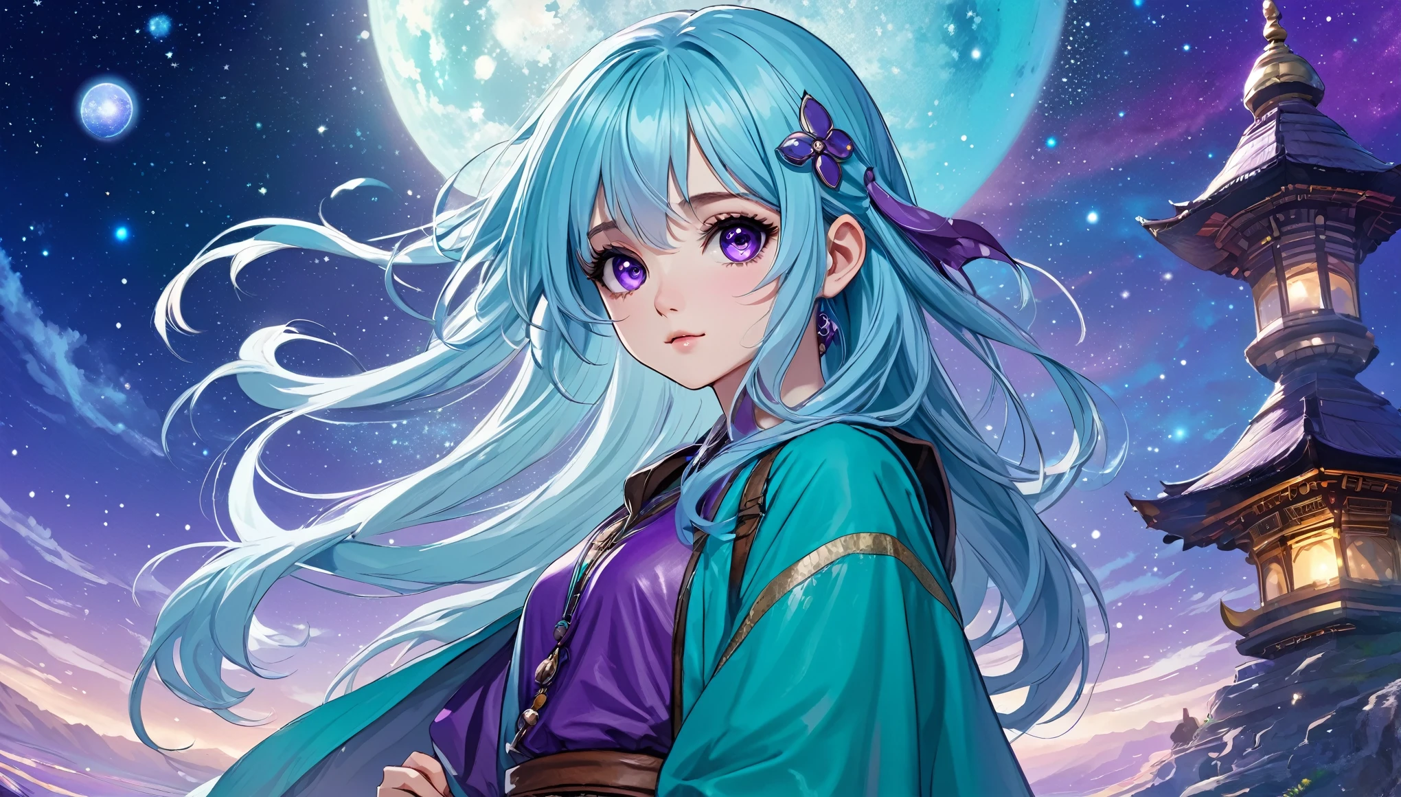 Masterpiece. High-resolution. 1girl about 20 years old. Pretty beautiful girl. Pretty big purple eyes. Delicate face. Beautiful face. (((Long light blue hair))). Straight hair. Messy hair. Hair bangs. Turquoise tunic. Purple tide pants. Leather boots. Himalaias and one pagode background with cosmic Sky.