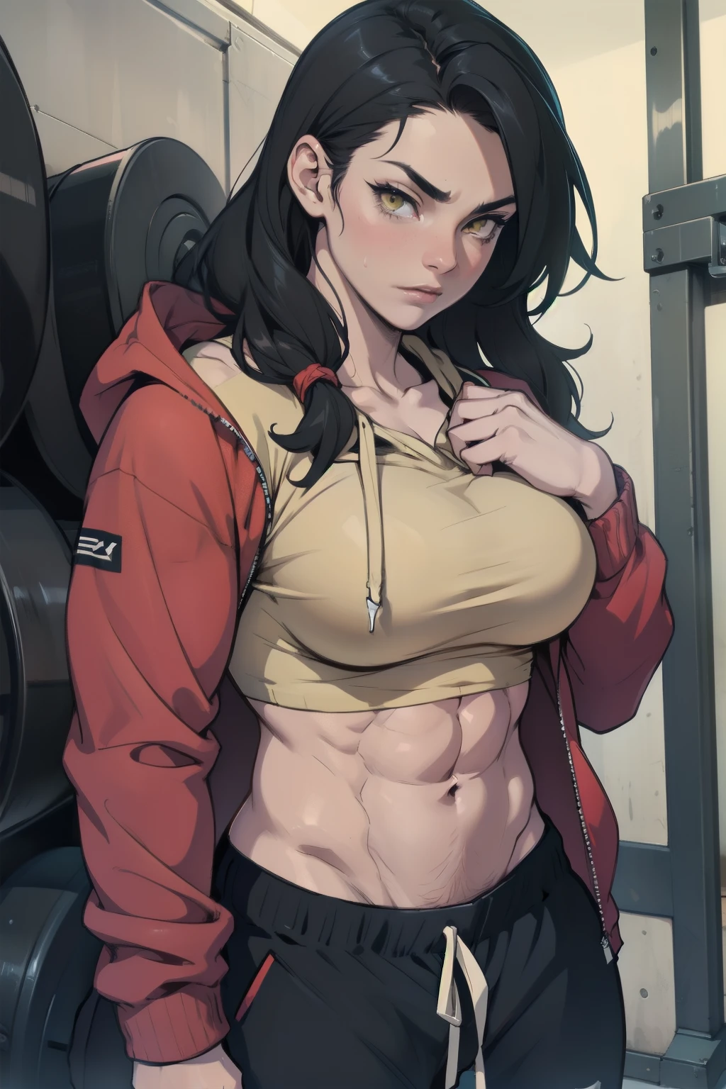 ((1girl bodybuilder)) pale skin black hair very long hair yellow eyes large breasts long hoodie sweatpants midriff close up