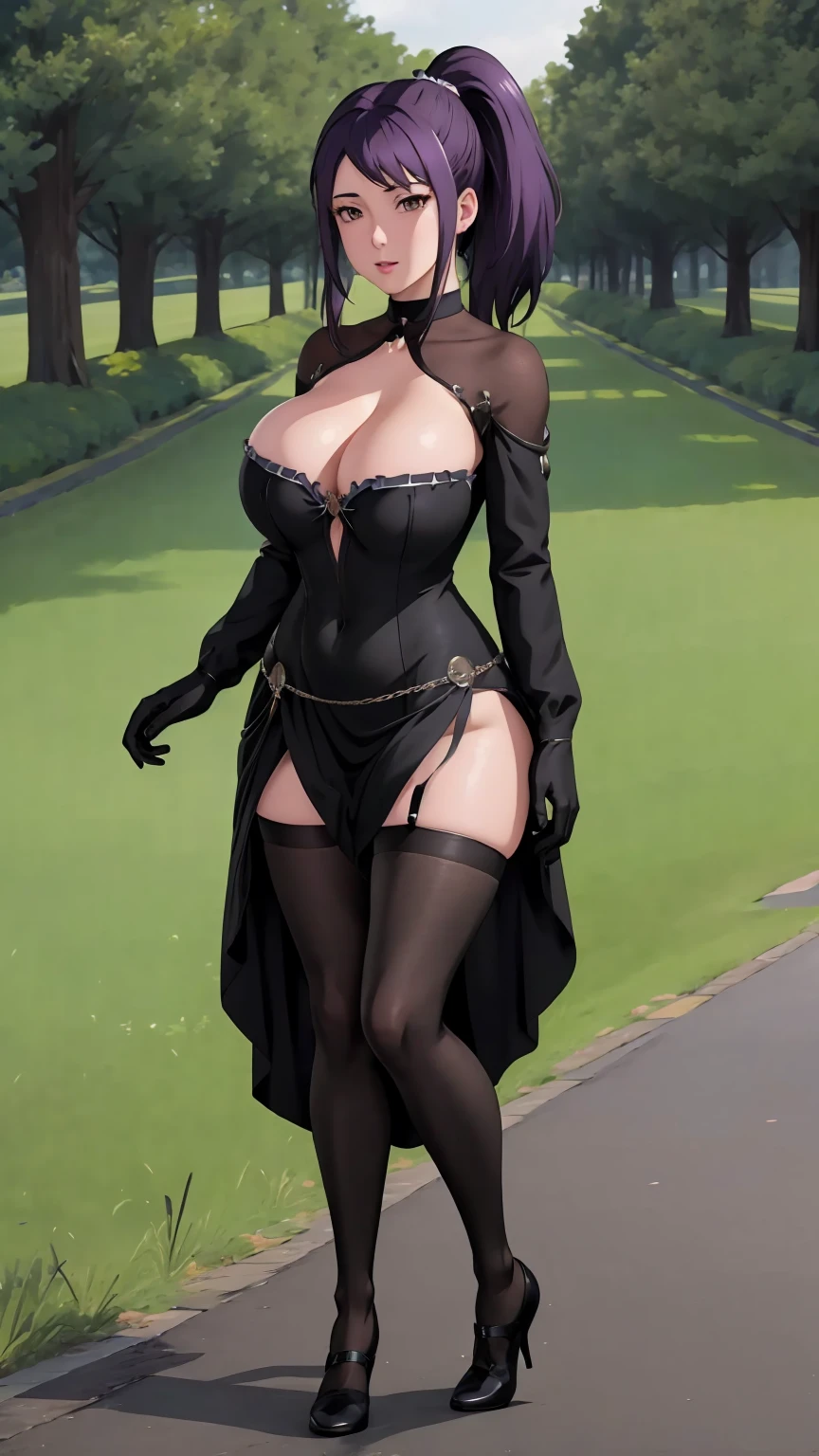 masterpiece, best quality, extremely detail 8k cg, high resolution, 1girl, yuugao, solo, purple hair, long hair, sidelocks, ponytail, brown eyes, perfect eyes, slim body, huge breasts, bursting breasts, lacasindress, black thighhighs, cleavage, outdoors, garden, night time, beautiful face, full shot photo, full body