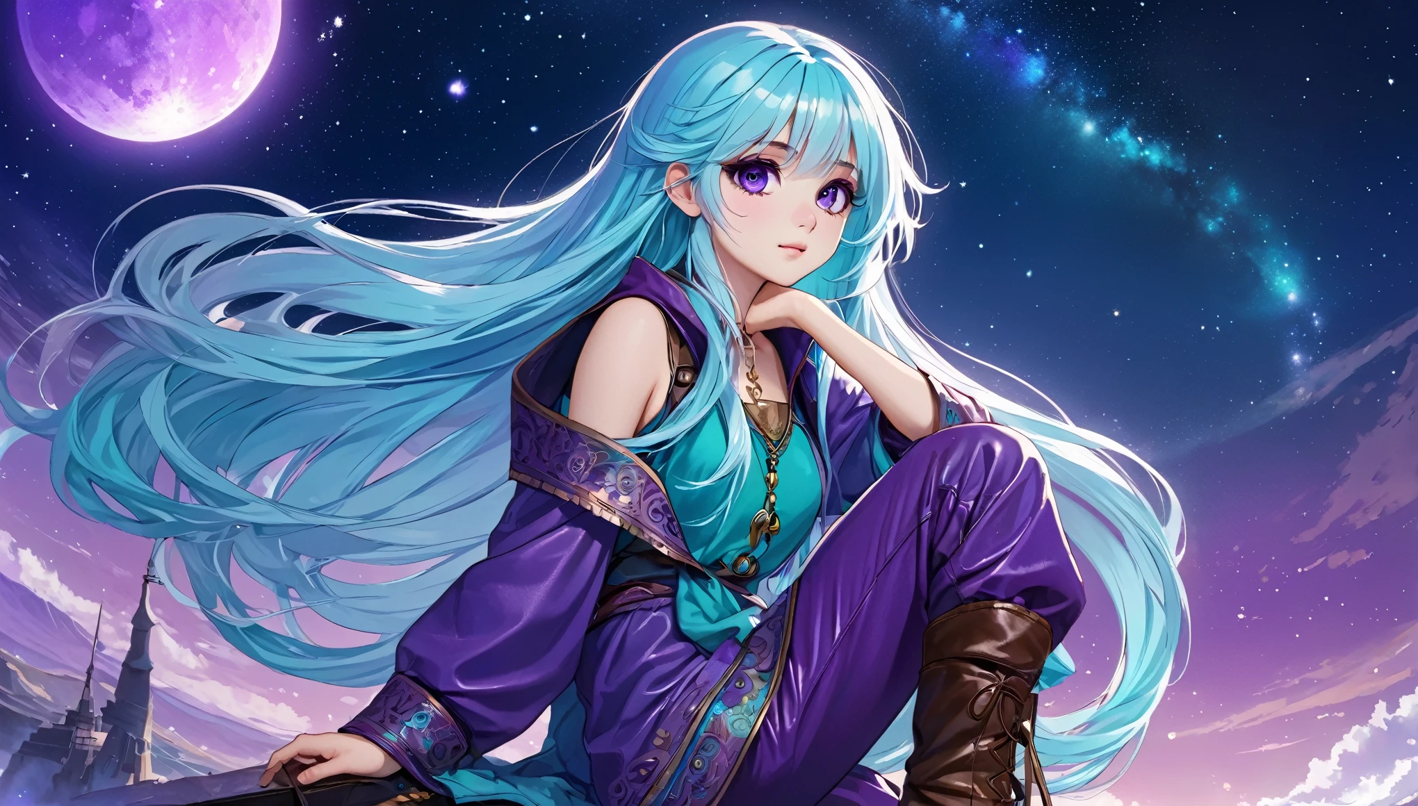 Masterpiece. High-resolution. 1girl about 20 years old. Pretty beautiful girl. Pretty big purple eyes. Delicate face. Beautiful face. (((Long light blue hair))). Straight hair. Messy hair. Hair bangs. Turquoise tunic. Purple tide pants. Leather boots. Himalaias and one pagode background with cosmic Sky.