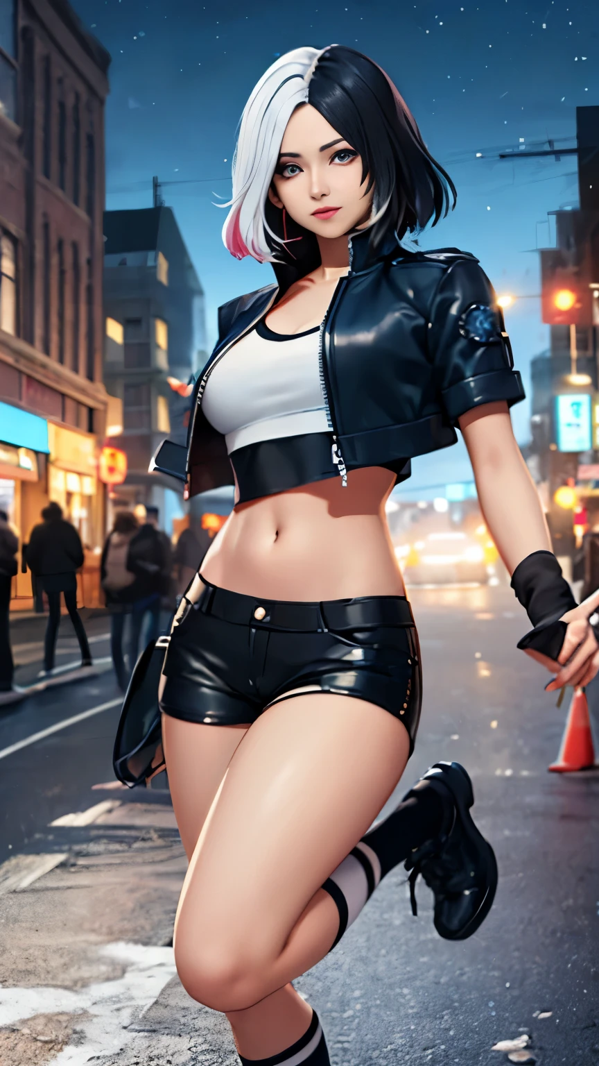 (Highly quality, masterpiece, detailed), night snowing city detailed scenario, night snowing city detailed background, 20 years old girl, solo, luna_snow, black hair, white hair, multi-colored hair, short hair, blue eyes, white eyes, multicolored eyes, black Leather crop top jacket, white leather shorts, white midriff, blue midriff, multicolored midriff, black footwear, white socks, blue socks, navel, perfect face, beautiful eyes, looking at the viewer, Sexy pose