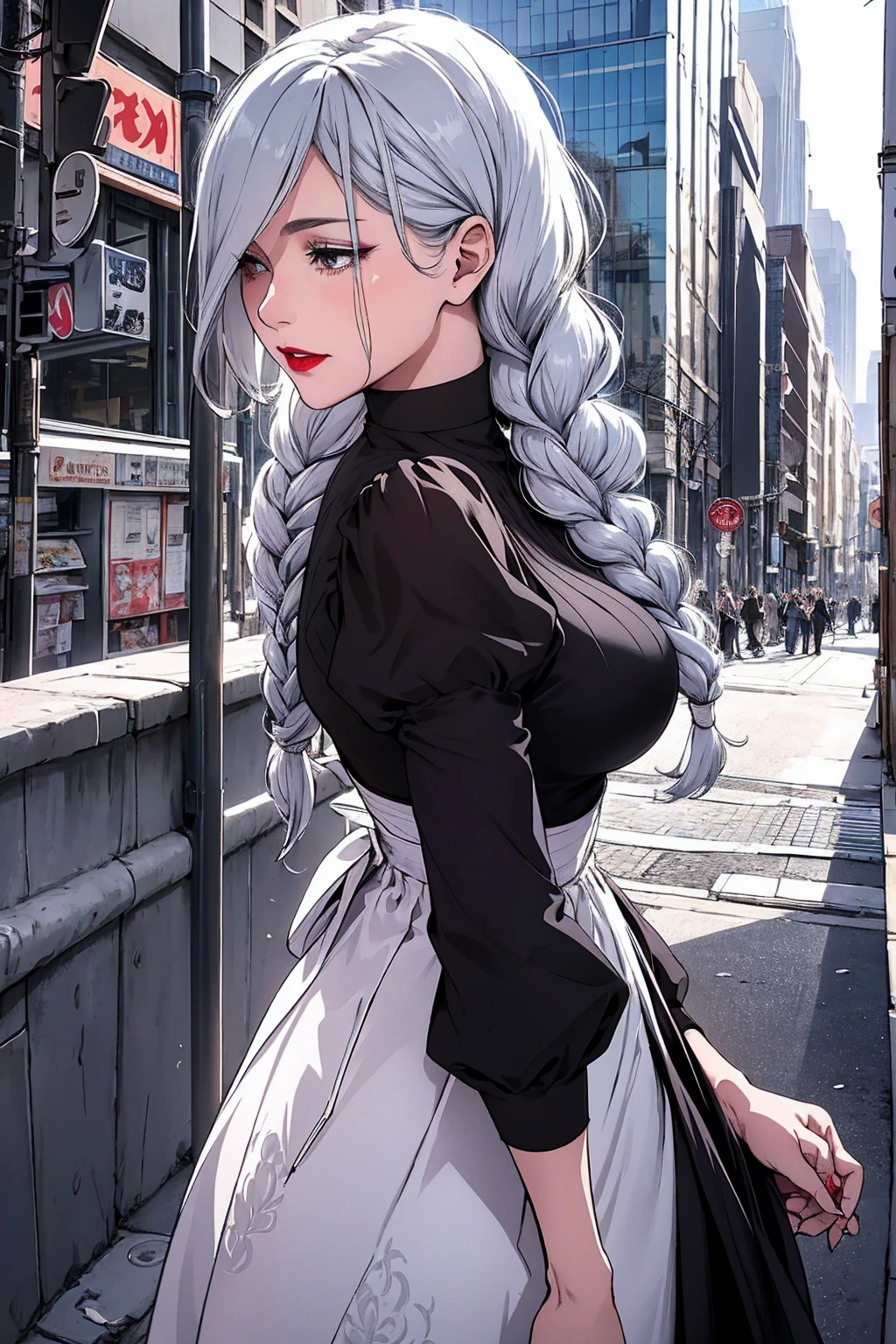 ultra realistic 8k cg, masterpiece, ((ultra detailed background, delicate pattern, intricate detail)), (highly detailed, fine details), best quality, 1girl, (photorealistic:1.4),beautiful lighting, absurdres, RAW photo, film grain, ((medium breasts, slim girl)), 1girl, MeiMei, solo, long hair, braid, dress, hair over one eye, smile, long sleeves, braided bangs, black dress, braided ponytail, white hair, puffy sleeves, holding, turtleneck dress, makeup, grey hair, red lips, one eye covered, lipstick, parted lips, single braid, (complex detailed background, outside, urban environment, cowboy shot, from behind),
