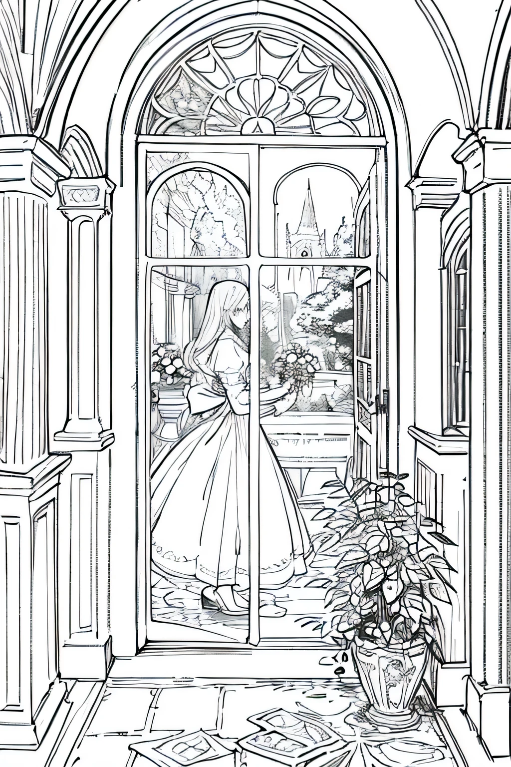 coloring page garden coloring pages, in the style of light beige and silver In castle, looking from window, big landscape, rich castle, romantic, indoor,