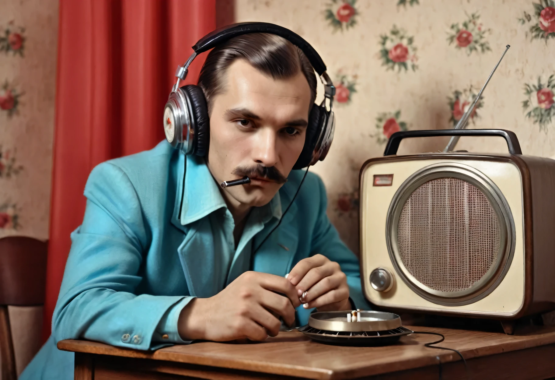 Retro photograph in the style of the USSR of the 1980s with the image of a Slavic man in large retro headphones, sitting in front of an old retro radio in a small room, the atmosphere of the USSR of the times of 1980, on the table there is a smoking cigarette in an ashtray, a retro photo flower