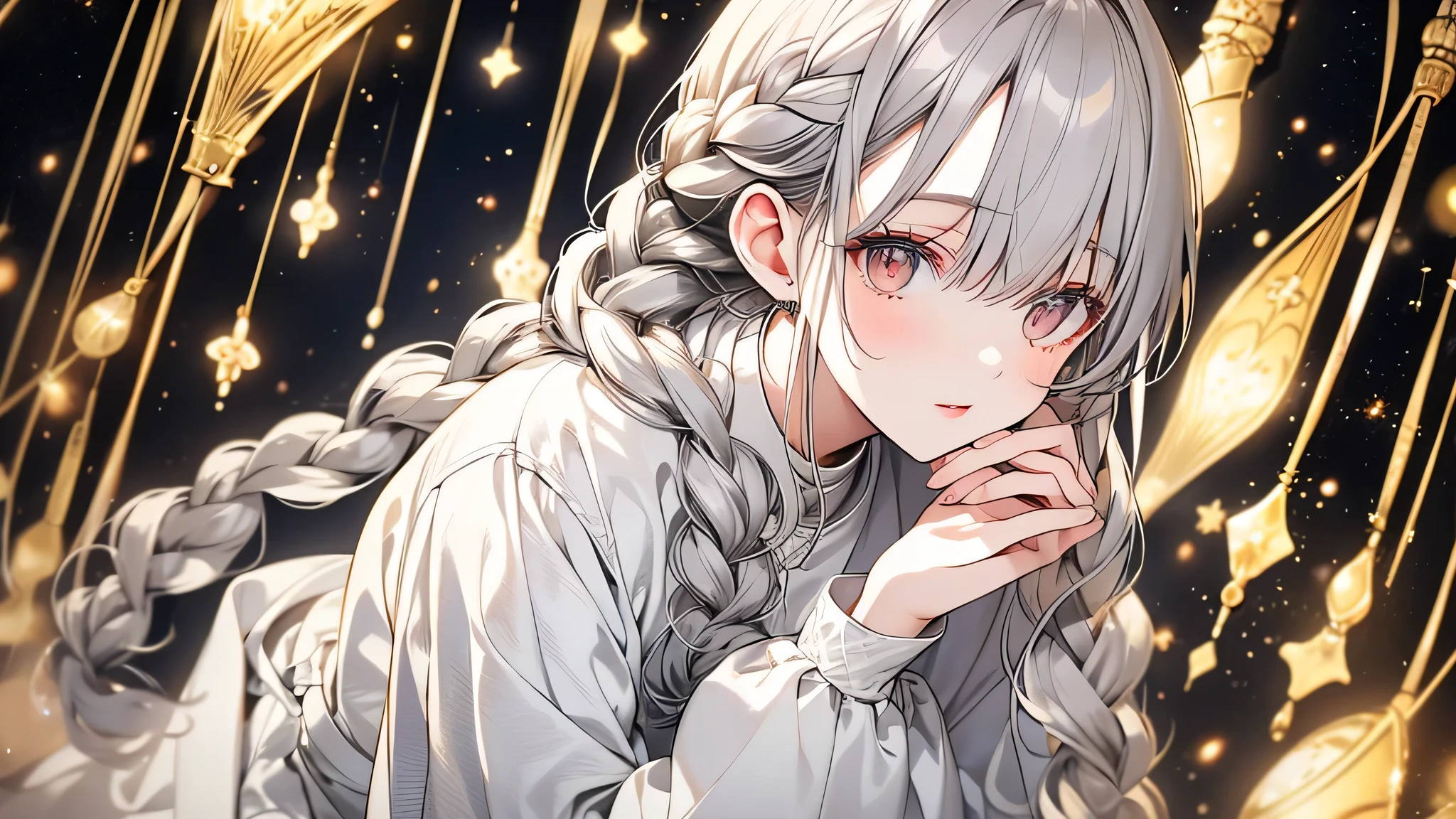highest quality, masterpiece,Gray Hair, Golden Eyes,White clothes, look up,hair,Fair skin,Side braid