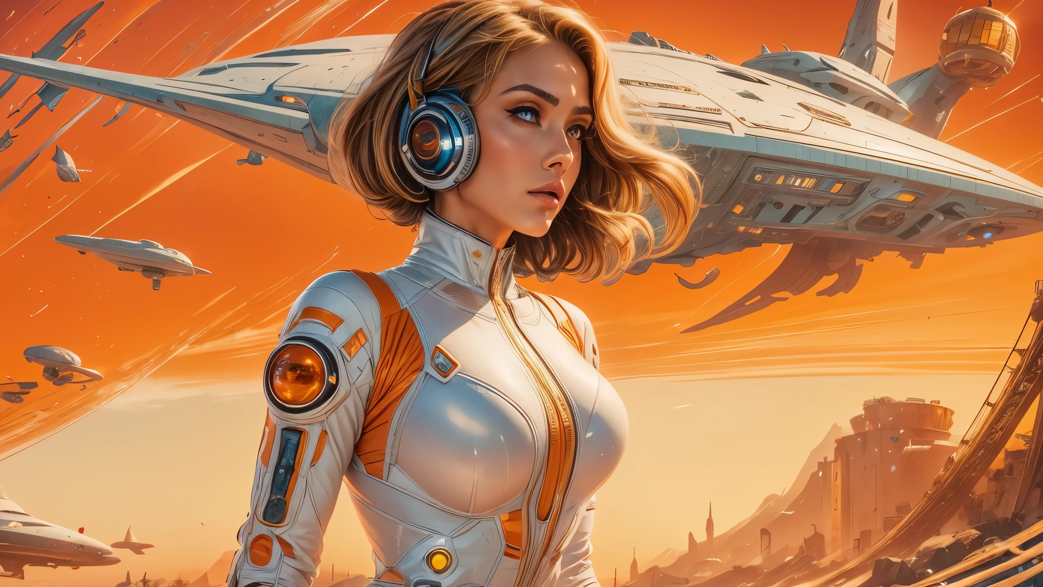 arafed image of a white woman in a futuristic suit with a spaceship in the background, movie art, in front of an orange background, inspired by Robert McGinnis, female protagonist, megastructure in the background, portrait of an ai astronaut, astronauts, an astronaut, portrait of a astronaut skeletor, perfect android girl, detailed eyes, frank franzzeta and sakimichan
