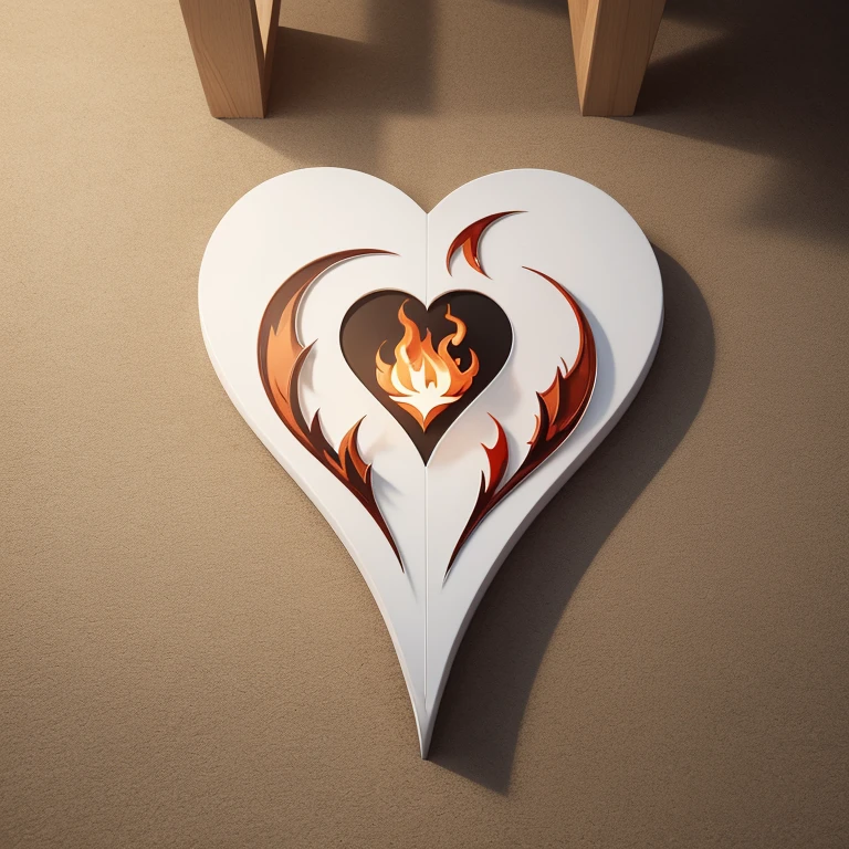 Design a flat symbol mark with a burning flame in the shape of a heart、No humans、Without a human body、Only the logo is placed on the floor、Looking from directly above、Mark close up、