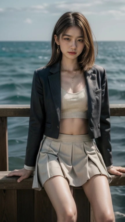 Film Style、8k、Ultra HD resolution、Inspired by the 007 movie、Storytelling、Ultra HD resolution、((best quality, Highest image quality, high resolution, Practical, original photo, 8k)), ((perfect composition、Golden Ratio))、(Full body female love)，A beautiful lady sitting on the railing， Inspired by Yang Mi，seaside，Perfect body，(((Wearing a women&#39;s suit jacket、Intricate short skirts:1.2))),Detailed knitted fabric，belly button，Sexy long legs，Spread your legs，Water splashing on thighs，Sexy high heels，space art,Slim abdominal muscles,，Beautiful face，Very detailed的脸部细节，smart eyes，
Film Art Theme, High Detail, Very detailed，Practical, Photo quality, high quality,  (photoPractical:1.4), Storytelling的情景，Perfect work of art，real background，At sunset，The endless sea in the background，Spread your legs