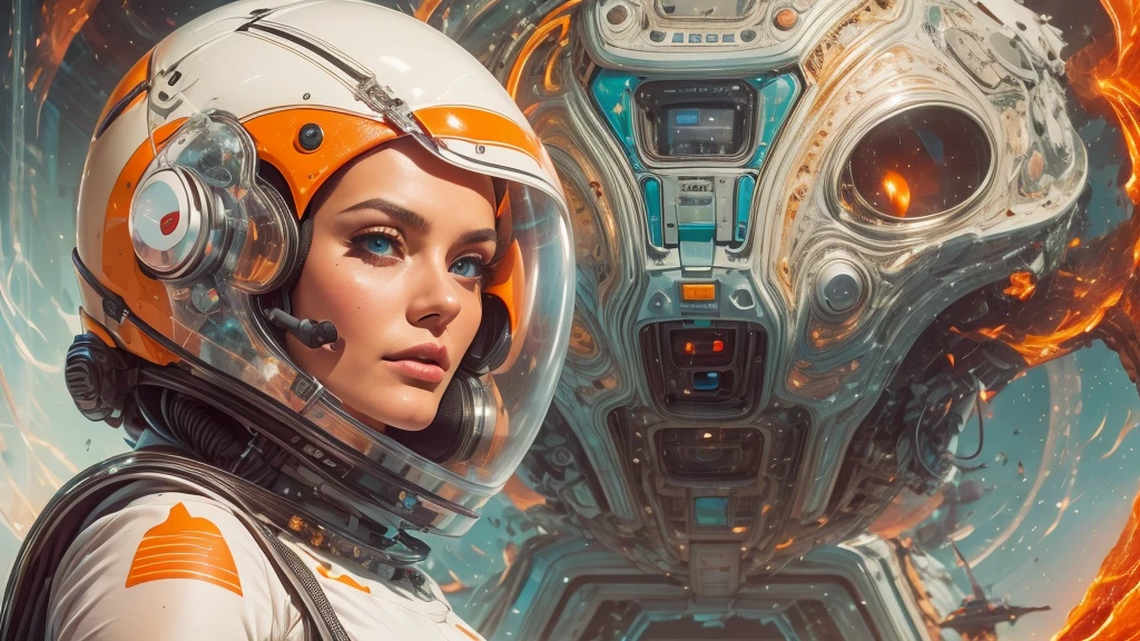 arafed image of a white woman in a futuristic suit with a spaceship in the background, movie art, in front of an orange background, inspired by Robert McGinnis, female protagonist, megastructure in the background, portrait of an ai astronaut, astronauts, an astronaut, portrait of a astronaut skeletor, perfect android girl, detailed eyes, frank franzzeta and sakimichan