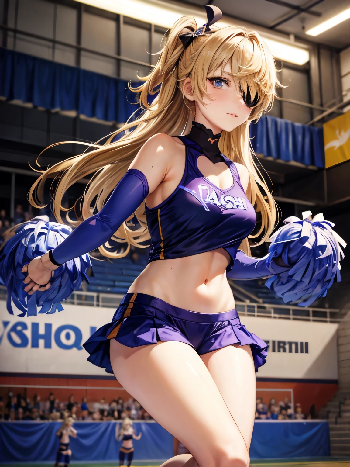 Fischl from Genshin Impact game, as a cheerleader, wearing cheerleader outfit, at a volleyball court, blonde colour hair, eye patch