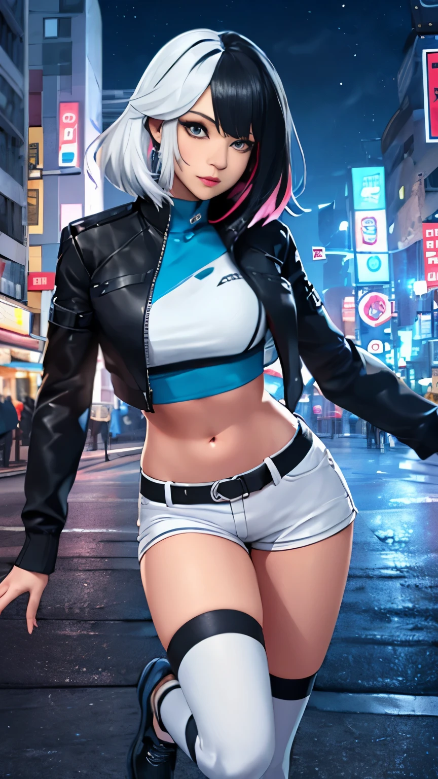 (Highly quality, masterpiece, detailed), night snowing city detailed scenario, night snowing city detailed background, 20 years old girl, solo, luna_snow, black hair, white hair, multi-colored hair, short hair, blue eyes, white eyes, multicolored eyes, black Leather crop top jacket, white leather shorts, white midriff, blue midriff, multicolored midriff, black footwear, white socks, blue socks, navel, perfect face, beautiful eyes, looking at the viewer, Sexy pose