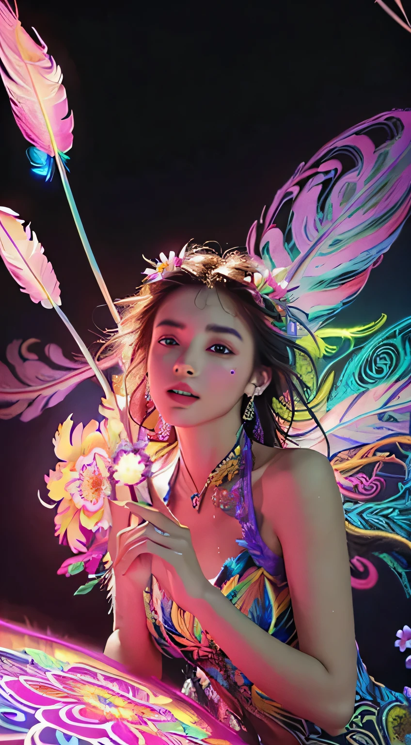 (masterpiece, top quality, best quality, official art, Beautiful and beautiful:1.2), (1 Girl:1.3), Extremely detailed,(Fractal Art:1.1),(rich and colorful:1.1)(Flowers:1.3),The most detailed,(Zentangle neon light:1.2), (Dynamic poses), (Neon geometric background:1.3), (Glowing skin), (Many colors:1.4), ,(earrings), (feather:1.5) , (flamethrower:1.3),Red background,Phoenix dress,neon,Full HD