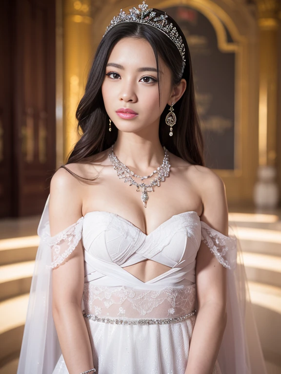 (masterpiece, best quality: 1.4), Detailed background, White crystal, crystal cluster,long hair,jewelry, earrings, necklace, crown, bride, small breasts