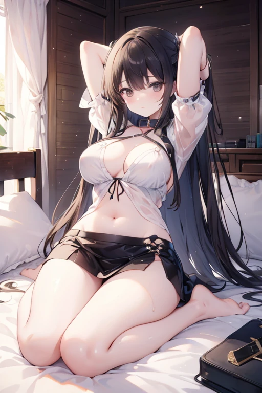 Italian girl 25 years old, very long brown hair, super hyper gigantic breasts, very small torn blouse that cannot contain her breasts, black miniskirt, lying on the bed, her breasts are tied together, and her arms and legs are tied to the bed, she has a slave collar, breasts are wet