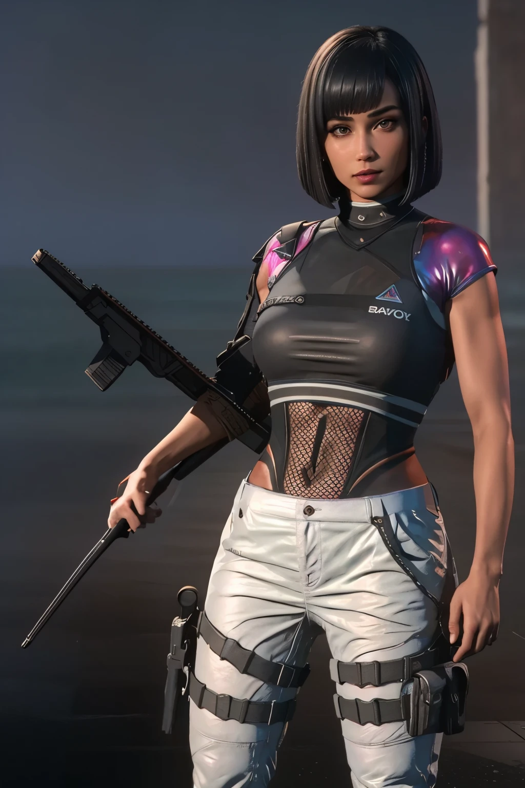 (full body portrait, 1 girl, looking at viewer, highly detailed, anatomy correct:1.4), white pants, black boots, tactical gear, bob haircut, black hair, american features, Sharp focus, katana on back, short sleeve, caucasian, sexy pose, ((Best quality, masterpiece, Very beautiful woman)), Depth-of-field, Multi-layered textures, HDR (High Dynamic Range), Ray Tracing, NVIDIA RTX, Unreal 5, Subsurface scattering, PBR Texturing, Post-processing, Anisotropic Filtering, Maximum clarity and sharpness, Wide aperture, Low ISO, White balance, Rule of thirds, 8K RAW, (extremely slutty), (Highly realistic skin), sharp image, (extremely high quality artwork),