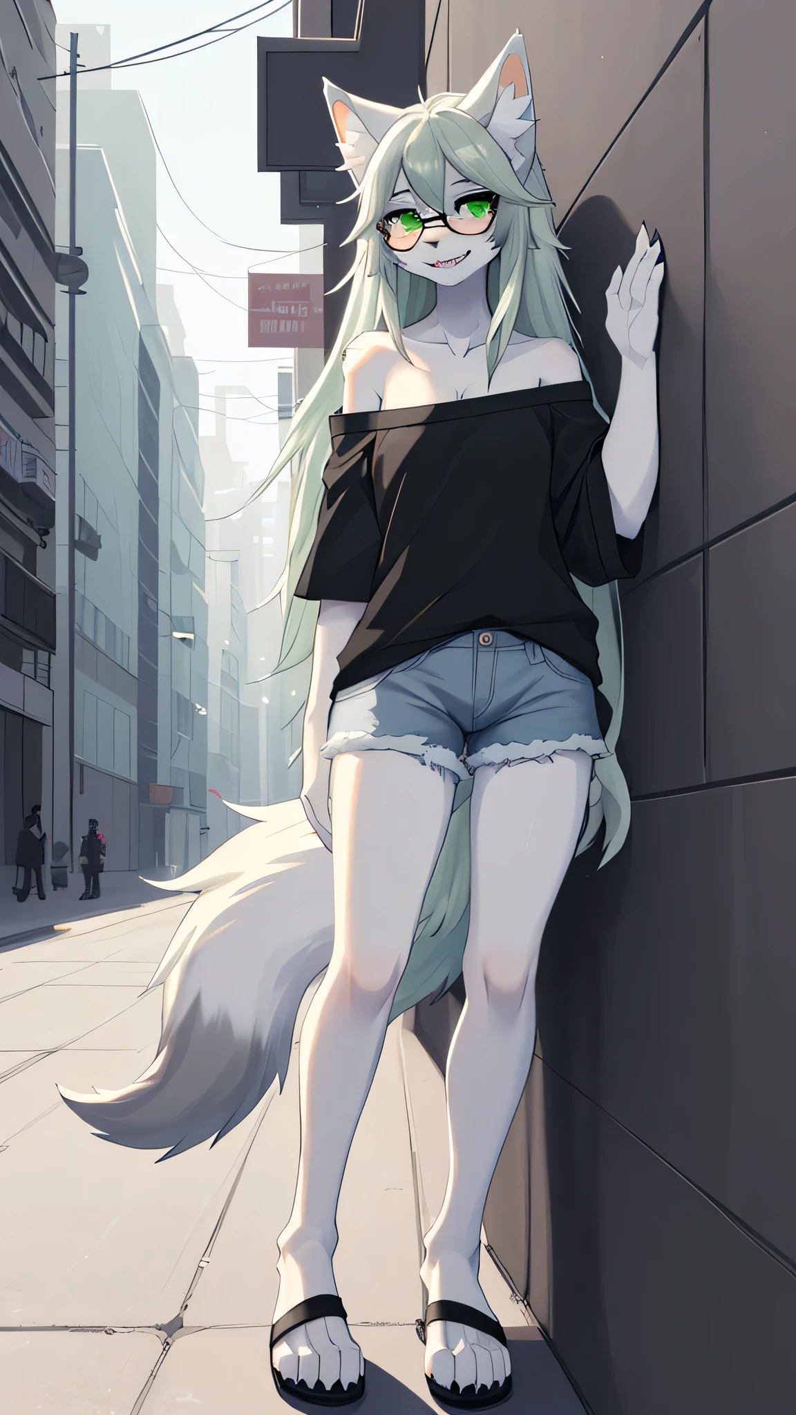 Solo:1.2, By claweddrip, by hyattlen, by fumiko, a cute female gray wolf, long hair, white green hair, green eyes, long white whiskers, cute gray tabby wolf ears, gray tabby wolf tail, tall, slender, wearing Jean shorts, absolute territory, scuffed black flipflops, green off-shoulder top, hands in pockets, large round clear glasses, high quality, fluffy ear tips, looking_away:1.3, leaning on a wall, in a vibrant city street, smiling, wolf teeth, full body in frame
