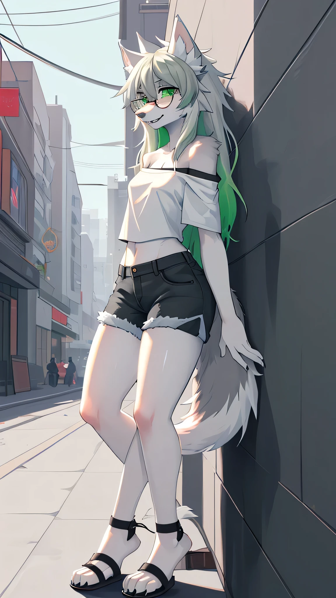 Solo:1.2, By claweddrip, by hyattlen, by fumiko, a cute female gray wolf, long hair, white green hair, green eyes, long white whiskers, cute gray tabby wolf ears, gray tabby wolf tail, tall, slender, wearing Jean shorts, absolute territory, scuffed black flipflops, green off-shoulder top, hands in pockets, large round clear glasses, high quality, fluffy ear tips, looking_away:1.3, leaning on a wall, in a vibrant city street, smiling, wolf teeth, full body in frame