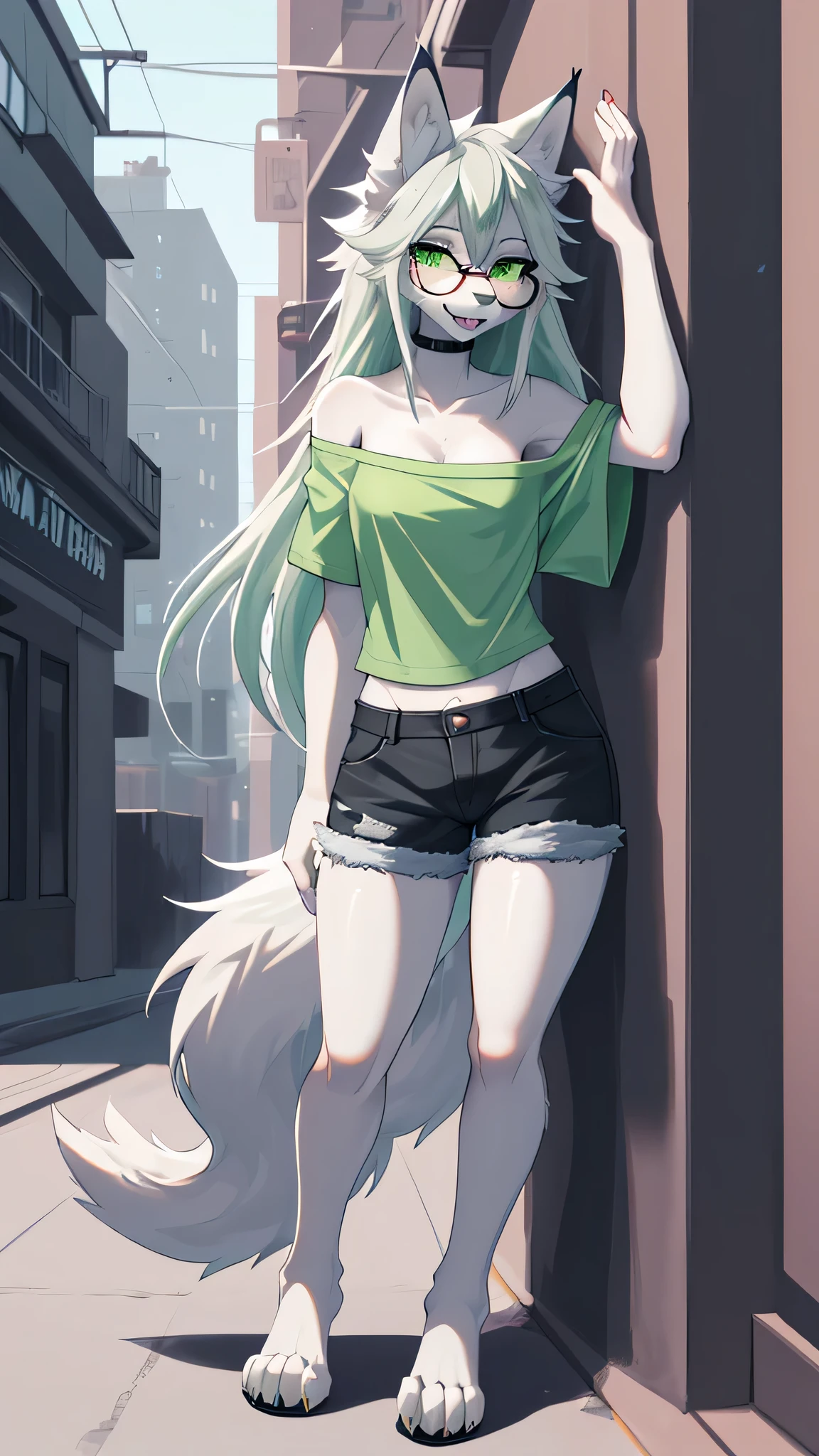 Solo:1.2, By claweddrip, by hyattlen, by fumiko, a cute female gray wolf, long hair, white green hair, green eyes, long white whiskers, cute gray tabby wolf ears, gray tabby wolf tail, tall, slender, green tiny micro bikini, absolute territory, large round clear glasses, high quality, fluffy ear tips, looking_away:1.3, leaning on a wall, in a vibrant city street, smiling, wolf teeth, full body in frame