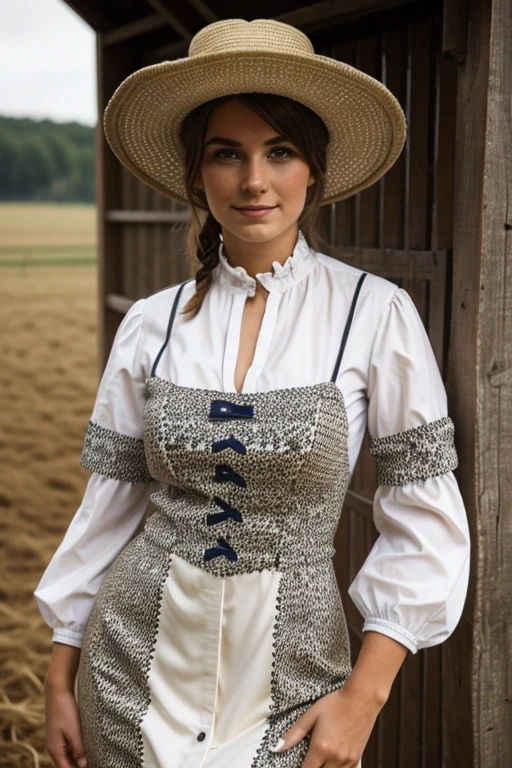 une femme de 25 ans, great details, dans un champ, costume de vache