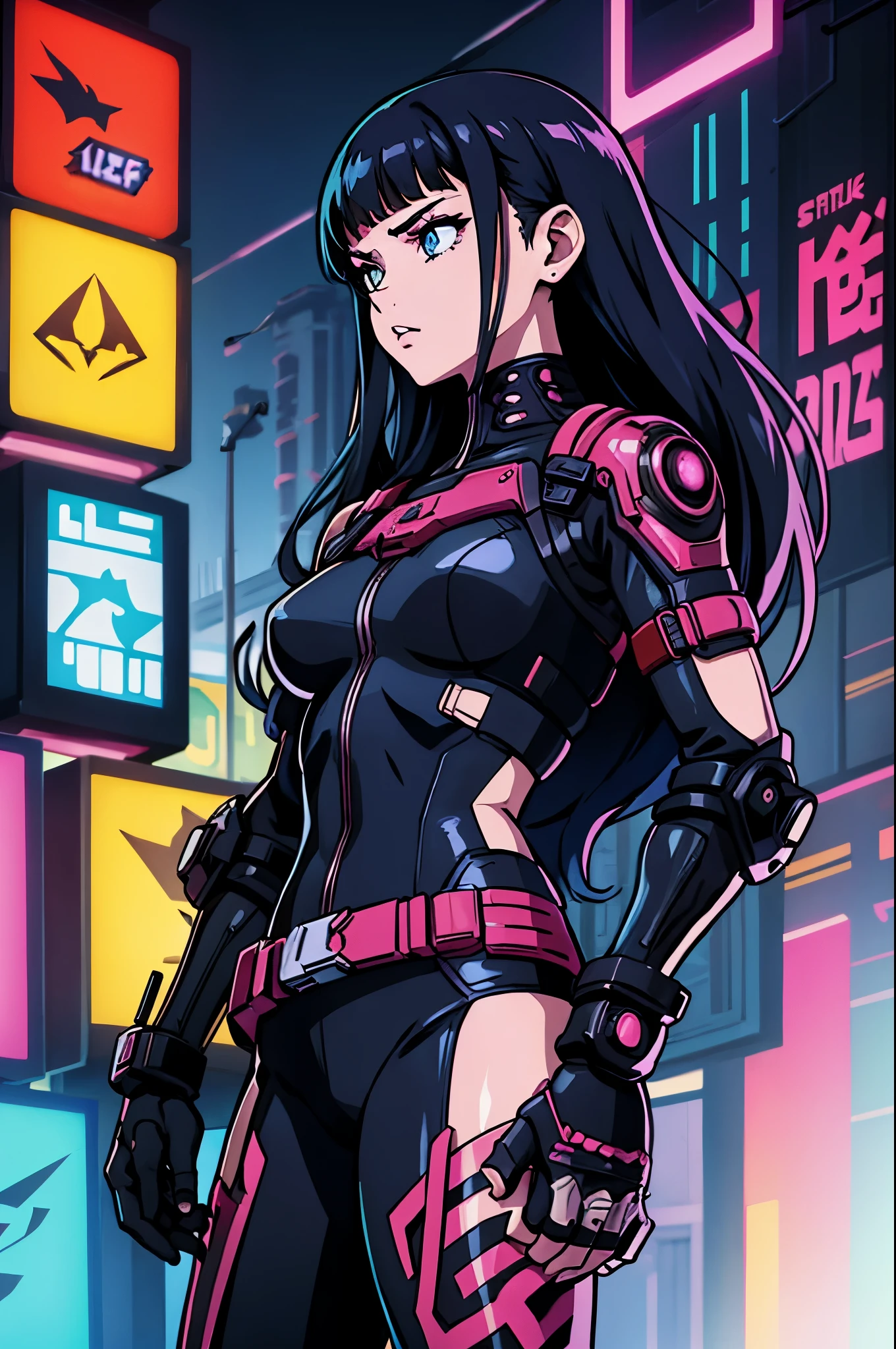 digital art drawing, illustration of (girl with metal pieces on her skin, cyberpunk 2077), anime drawing/art, bold linework, illustration, digital art, masterpiece, flat illustration, no shadows, 8k resolution, high detail, vector art, only anime