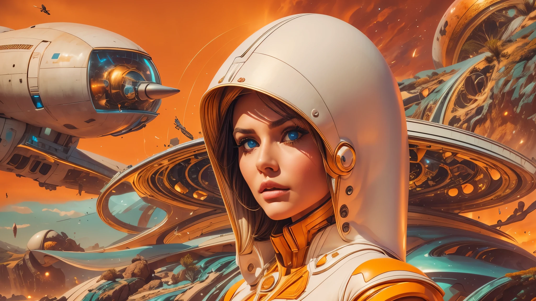 arafed image of a white woman in a futuristic suit with a spaceship in the background, movie art, in front of an orange background, inspired by Robert McGinnis, female protagonist, megastructure in the background, portrait of an ai astronaut, astronauts, an astronaut, portrait of a astronaut skeletor, perfect android girl, detailed eyes, frank franzzeta and sakimichan  