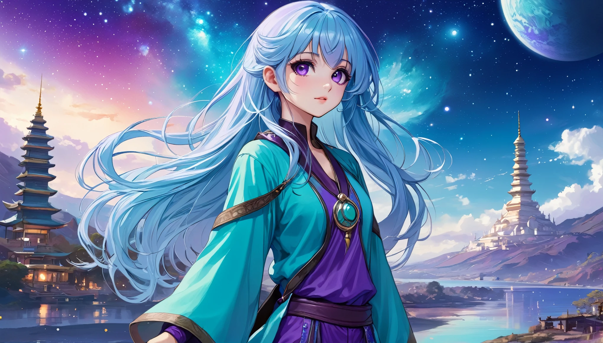 Masterpiece. High-resolution. 1girl about 20 years old. Pretty beautiful girl. Pretty big purple eyes. Delicate face. Beautiful face. (((Long light blue hair))). Straight hair. Messy hair. Hair bangs. Turquoise tunic. Purple tide pants. Leather boots. Himalaias plus 1pagode background with cosmic Sky.