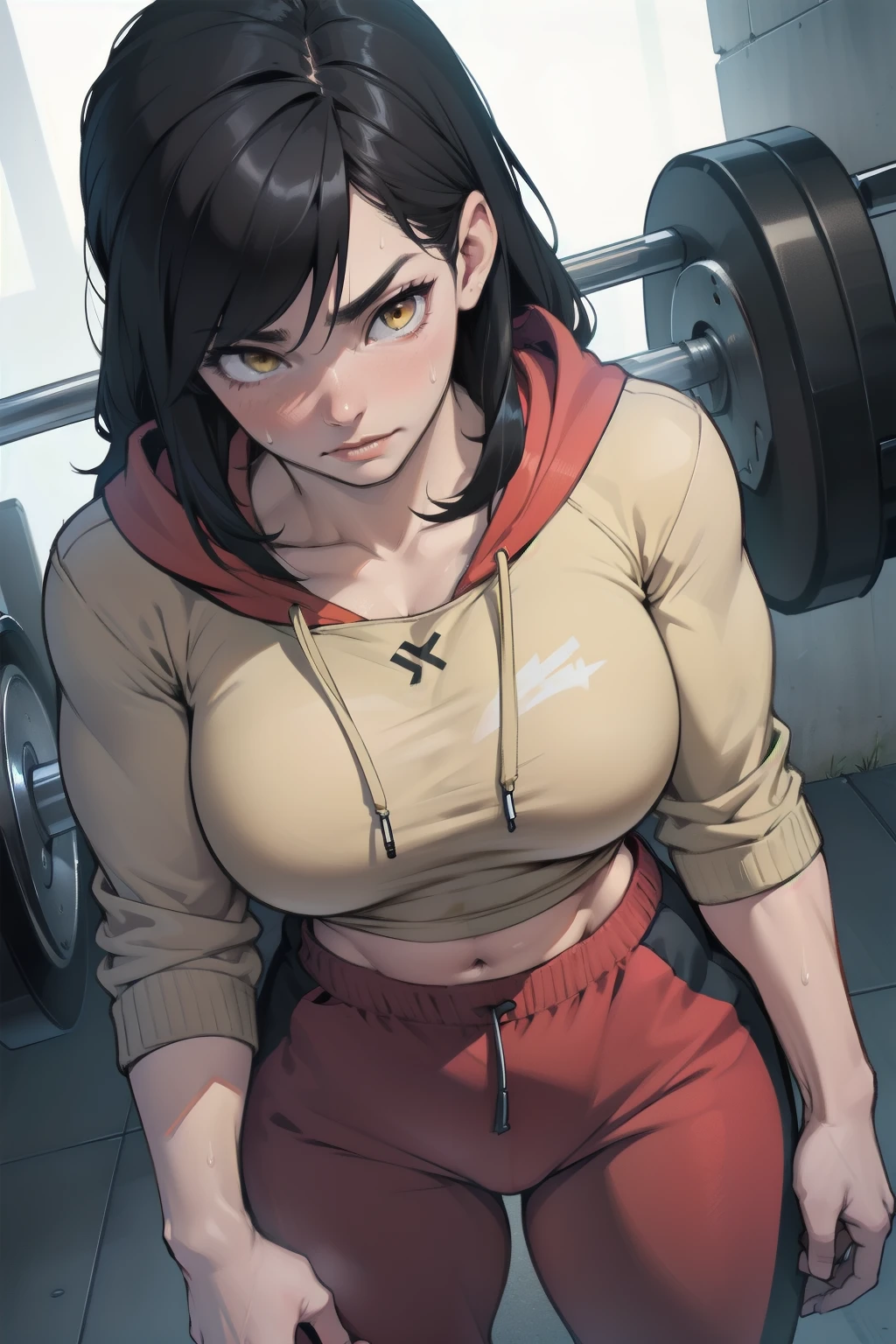 ((1girl bodybuilder)) pale skin black hair very long hair yellow eyes large breasts long hoodie sweatpants midriff close up