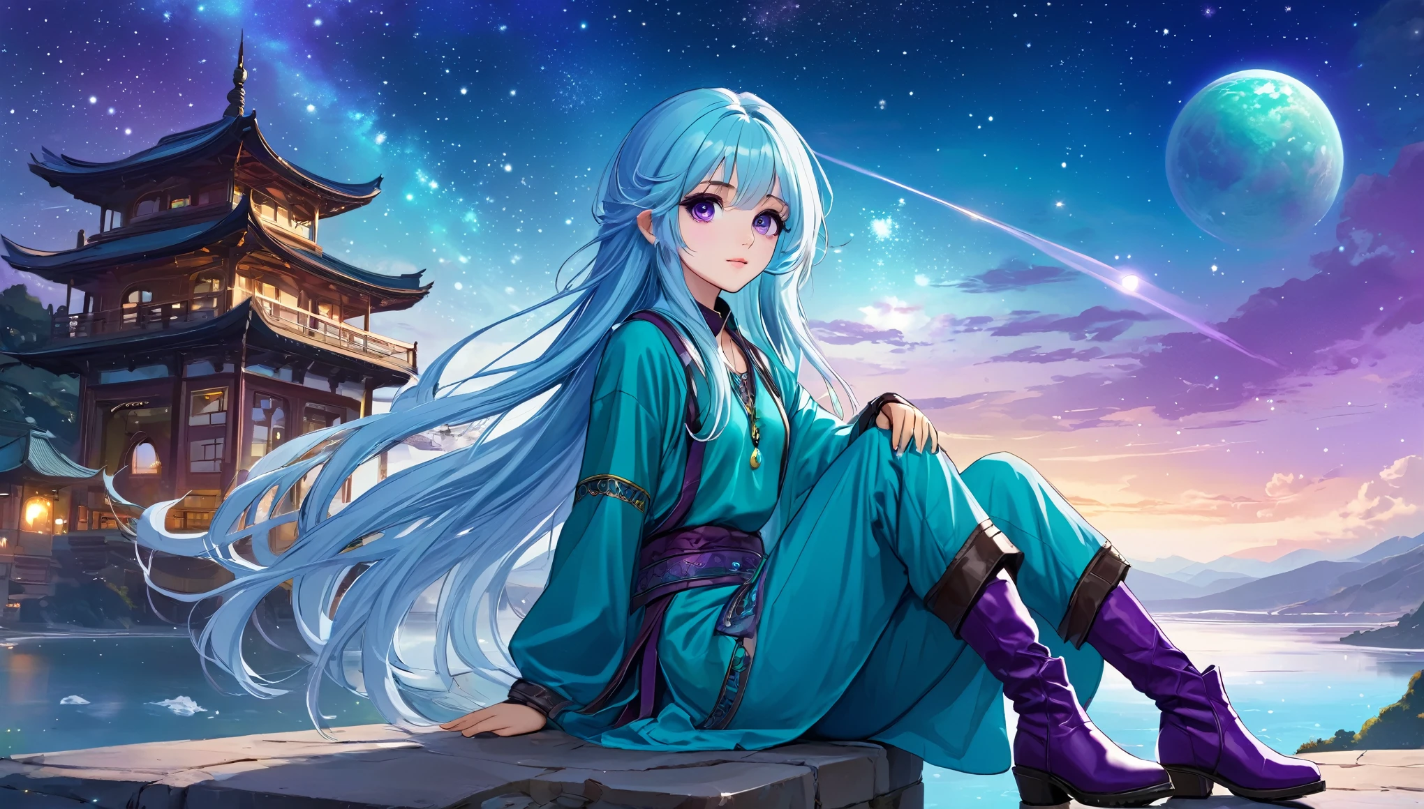 Masterpiece. High-resolution. 1girl about 20 years old. Pretty beautiful girl. Pretty big purple eyes. Delicate face. Beautiful face. (((Long light blue hair))). Straight hair. Messy hair. Hair bangs. Turquoise tunic. Purple tide pants. Leather boots. Himalaias plus 1pagode background with cosmic Sky.