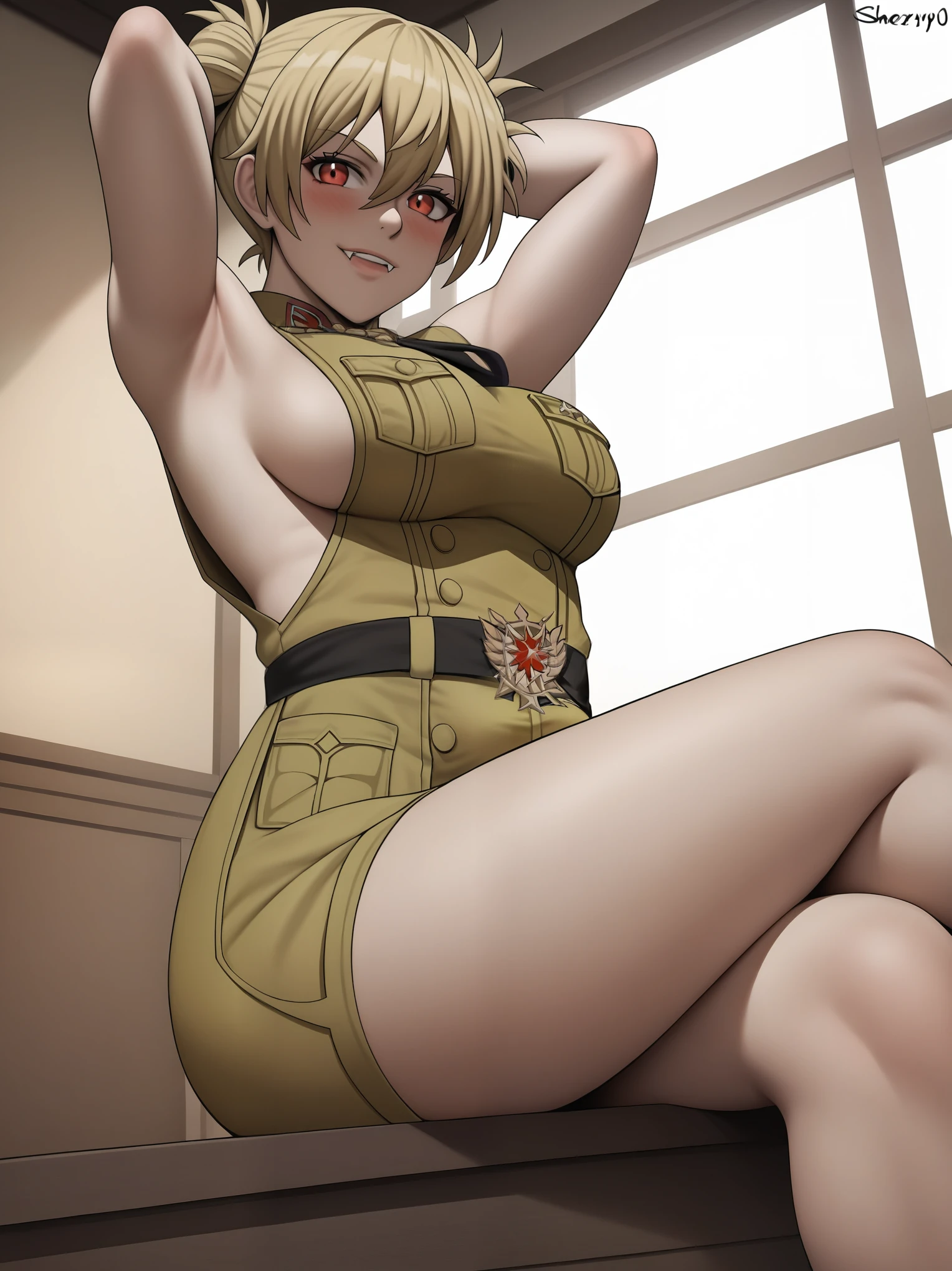 masterpiece,best quality,1girl,solo,hellsing, seras victoria,from front,looking at viewer, blonde, red eyes, outfit,genshin impact,large breasts,sideboob,blush,smile,from below,sitting,arms behind head,indoors,hair between eyes, fangs, smirl, short hair, twintail buns, yellow uniform