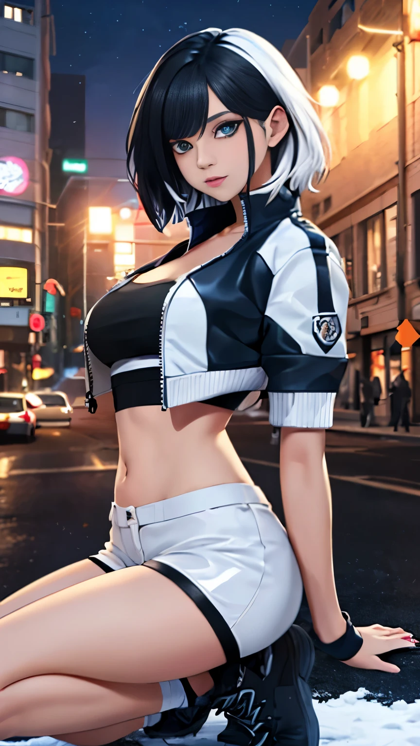 (Highly quality, masterpiece, detailed), night snowing city detailed scenario, night snowing city detailed background, 20 years old girl, solo, luna_snow, black hair, white hair, multi-colored hair, short hair, blue eyes, white eyes, multicolored eyes, black Leather crop top jacket, white leather shorts, white midriff, blue midriff, multicolored midriff, black footwear, white socks, blue socks, navel, perfect face, beautiful eyes, looking at the viewer, Sexy pose