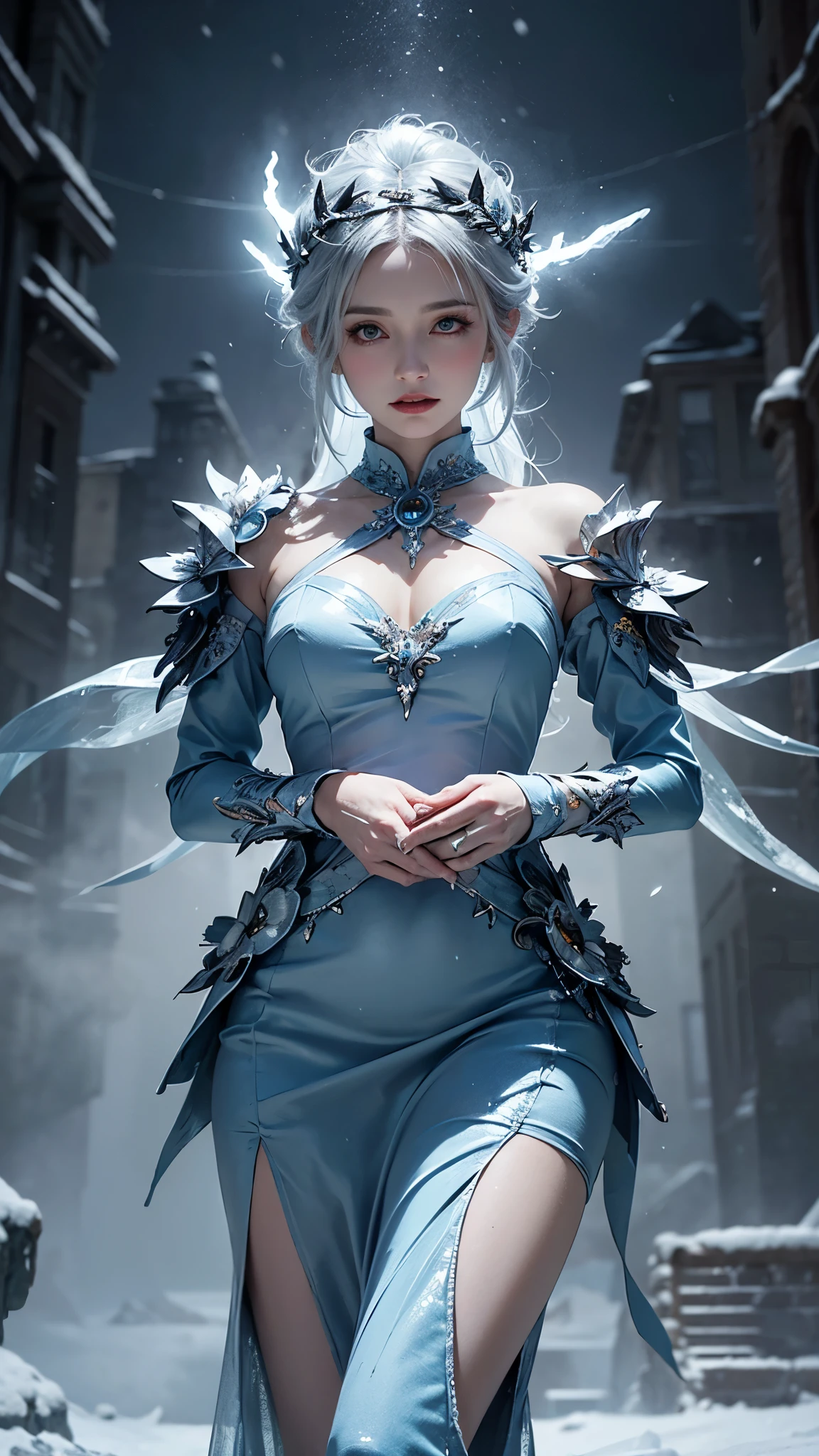 a beautiful ice goddess, ice magician, ice elemental, intricate design and details, chilling mist, cold, blizzard storm, conjuring ice spell, casting ice spell, blue dress, realistic ice effect, snow particles, dark fantasy art style, ruined city, dramatic lighting, cinematic