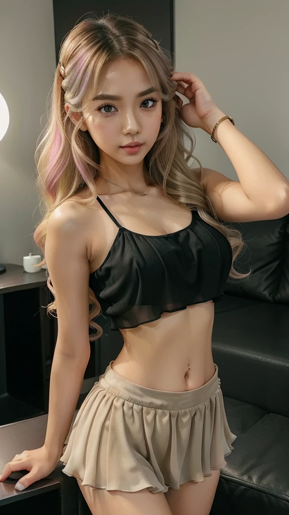 woman((22 year old)), hair((light color, long, wavy)), eyes((hazel eyes, small eyes)), ((chiffon, crop-top,  mini skirt)), accessories ((hair clip ), big , nice breast, Korean malay mixed make-up look, lounge room, modern location, night atmosphere 