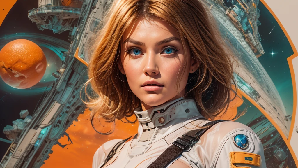 arafed image of a white woman in a futuristic suit with a spaceship in the background, movie art, in front of an orange background, inspired by Robert McGinnis, female protagonist, megastructure in the background, portrait of an ai astronaut, astronauts, an astronaut, portrait of a astronaut skeletor, perfect android girl, detailed eyes, frank franzzeta and sakimichan