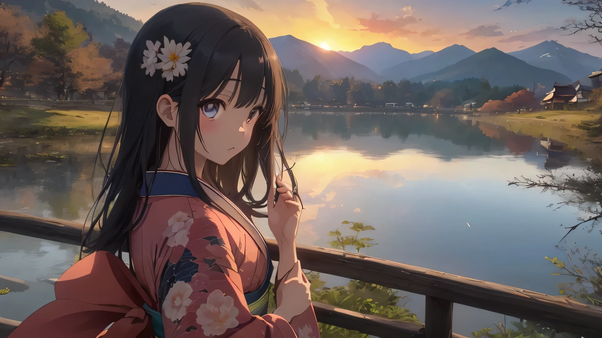 highest quality, masterpiece, extremely detaileded, detaileded background, detaileded eyes, anime, One girl, Beautiful Eyes, Young girl, Long Hair Girl, Expressive Face, kimono, Retro, 富士山のWind view, Outdoor, sunset, Beautiful sky, Picnic on the lake, Wind view, scenery, horizon, Mountain Sitting near the mountain, Wind, petal, spring, avert your eyes, Atmospheric lighting, reflection, Naturalistic, detailed, realism. relaxation, beauty, Focus Only, close, From the side, Depth of written boundary, Bokeh